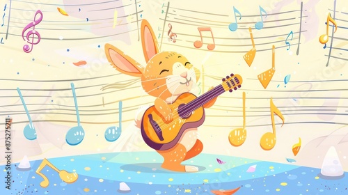 A cheerful rabbit strumming a classical guitar, set against a backdrop of soft pastel music staves and notes, in flat cartoon style.