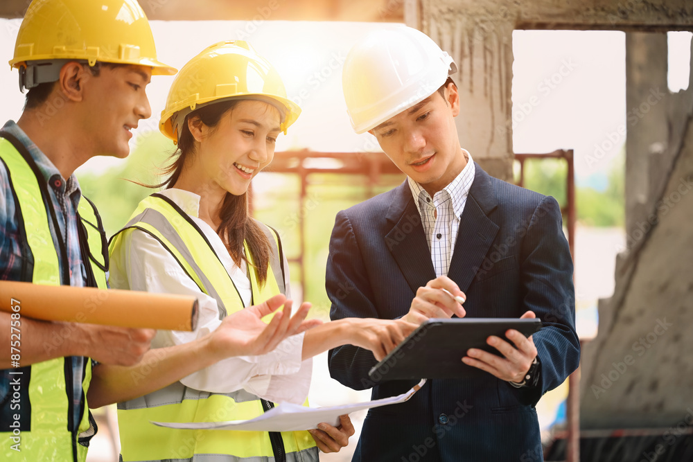 Inspector and workers discuss construction plans, illuminated by sunlight, creating a positive and productive atmosphere. Perfect for a banner highlighting teamwork and project management Inspector and workers discuss construction plans, illuminated by sunlight, creating a positive and productive atmosphere. Perfect for a banner highlighting teamwork and project management