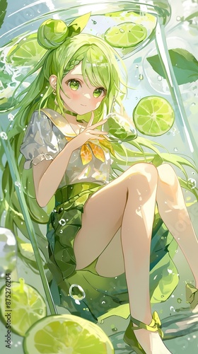 Anime Girl Relaxing in Pool with Lime Mojito Slices photo