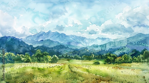 A serene watercolor of the tranquil and scenic landscapes of Pai in northern Thailand
