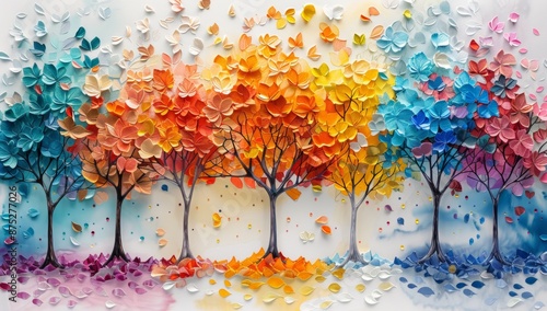 Fototapeta Naklejka Na Ścianę i Meble -  Abstract trees with colorful leaves, 3D wall mural on canvas