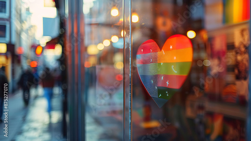 Vibrant LGBTQ+ Pride Sign in Shop Window with Blurred Street Background - Diversity and Inclusion Concept