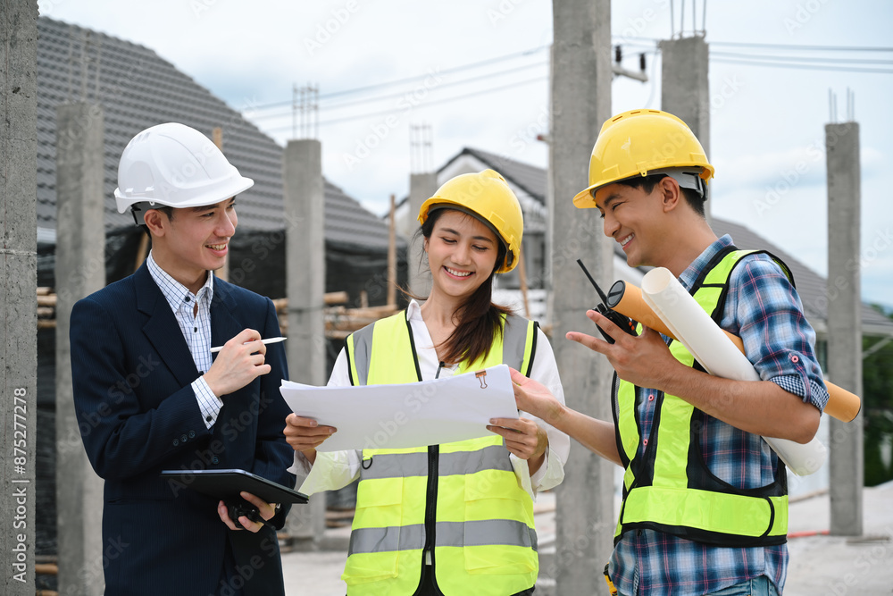 Engineer and workers collaborate outdoors, reviewing blueprints and discussing project progress Engineer and workers collaborate outdoors, reviewing blueprints and discussing project progress