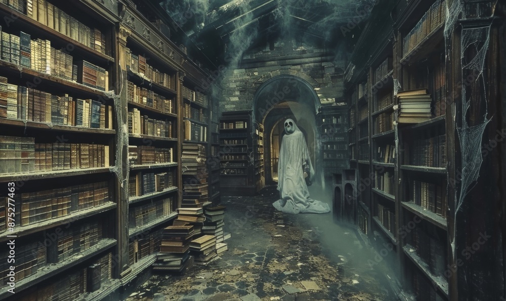 A haunted library with dusty old books and ghostly apparitions, with empty space on the left for text A haunted library with dusty old books and ghostly apparitions, with empty space on the left for text