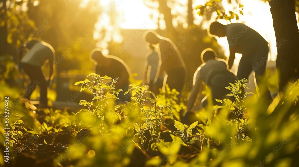 custom made wallpaper toronto digitalPeople working together in a garden, surrounded by lush green plants under warm sunlight.