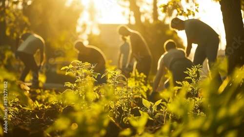 Wallpaper Mural People working together in a garden, surrounded by lush green plants under warm sunlight. Torontodigital.ca