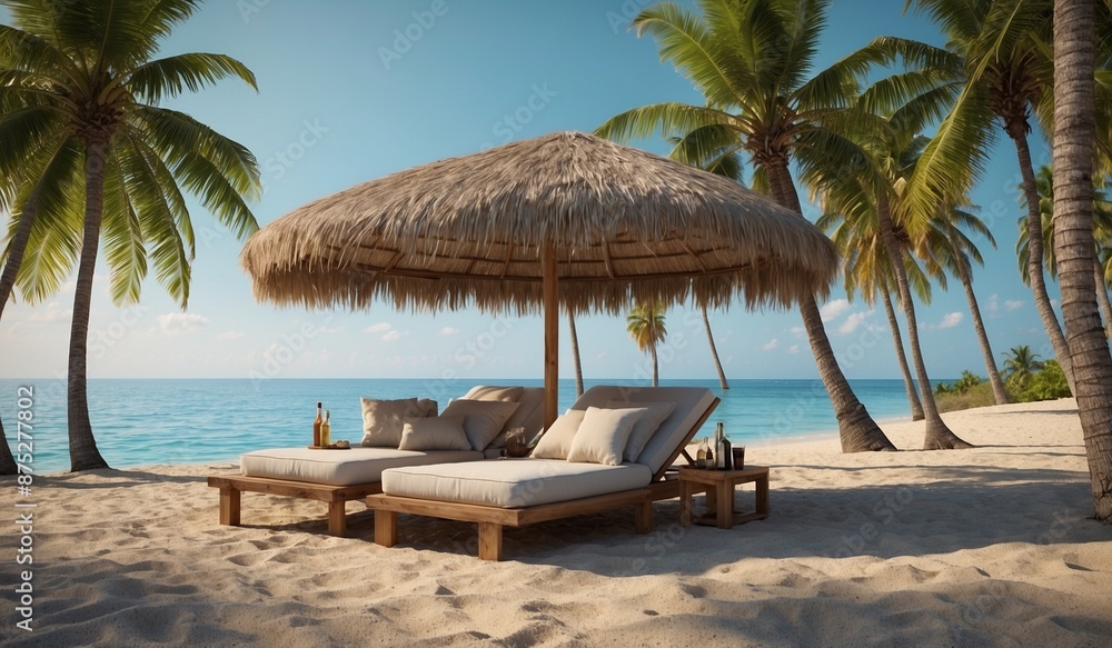 Beach lounge chairs under thatched umbrella near ocean Beach lounge chairs under thatched umbrella near ocean