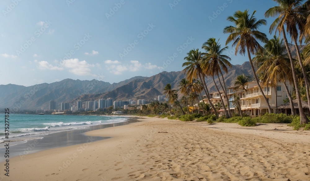 Beautiful tropical beach with palm trees and mountains Beautiful tropical beach with palm trees and mountains