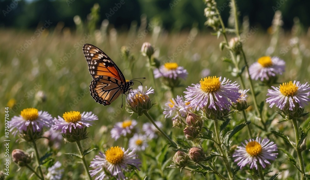 Butterfly on Wildflowers in Blooming Summer Meadow Butterfly on Wildflowers in Blooming Summer Meadow