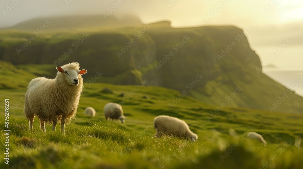 Fototapeta premium Sheep grazing in a sunlit meadow with rolling hills and distant cliffs.