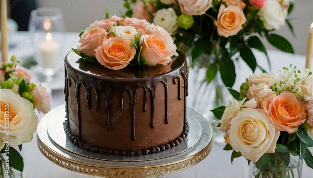 Wedding cake with ganache topping and floral arrangements. Wedding cake with ganache topping and floral arrangements.