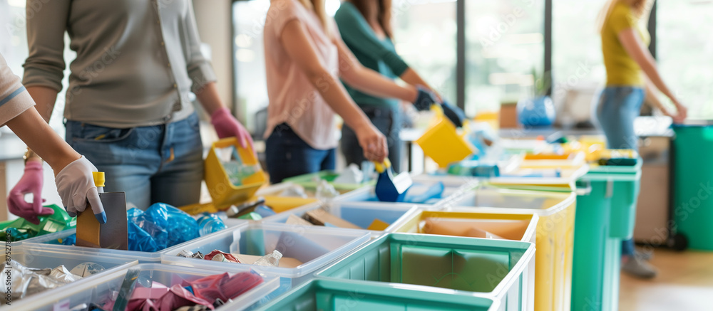 of employees separating recyclable materials into different bins in an office, showcasing an organized recycling program, Businesses, Sustainable Resources, Aiming of employees separating recyclable materials into different bins in an office, showcasing an organized recycling program, Businesses, Sustainable Resources, Aiming