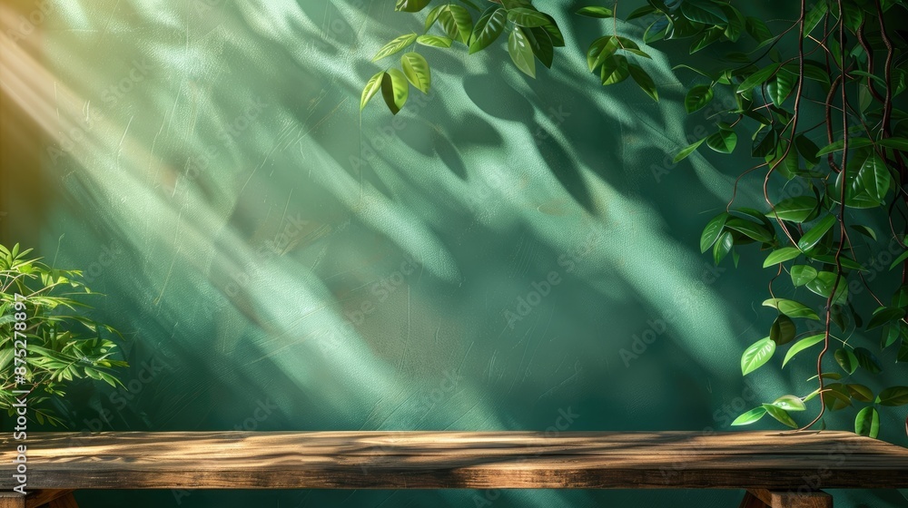 Obraz premium A wooden table with a green wall behind it