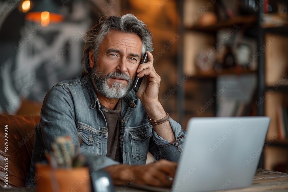Mature Businessman Multitasking at Office Desk Mature Businessman Multitasking at Office Desk