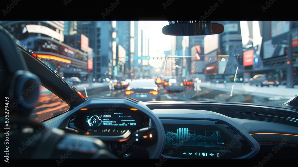 AI-Powered Autonomous Car Equipped with Advanced Technology Driving Through a Busy Urban Cityscape with Digital Dashboard Displays AI-Powered Autonomous Car Equipped with Advanced Technology Driving Through a Busy Urban Cityscape with Digital Dashboard Displays