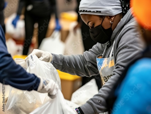 volunteers placing prepared meals into bags © Dina