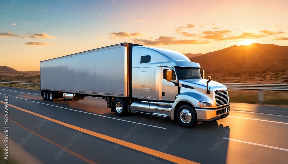 Cargo truck with blank empty trailer for ad on a highway road in the United States. beautiful nature mountains and sky. Golden hour sunset. Driving in motion. Cargo truck with blank empty trailer for ad on a highway road in the United States. beautiful nature mountains and sky. Golden hour sunset. Driving in motion.