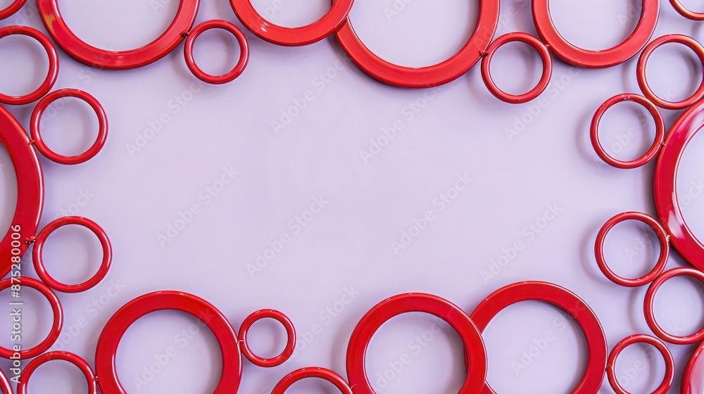 A playful red steel frame with circular patterns, set against a light lavender background, adding a whimsical touch. A playful red steel frame with circular patterns, set against a light lavender background, adding a whimsical touch.