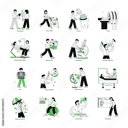 Handy Set of Healthcare Linear Illustrations 


