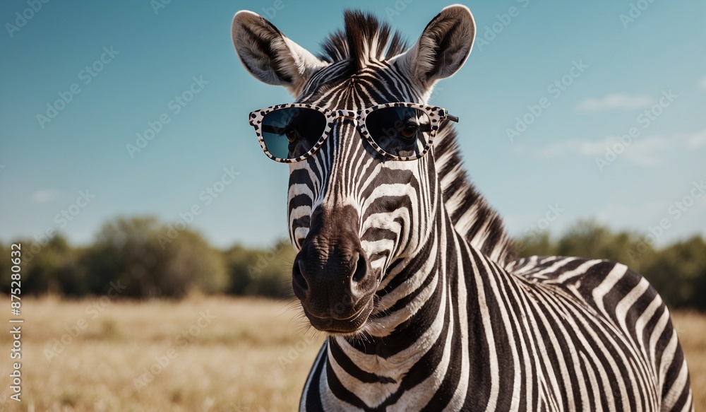 Naklejka premium Zebra wearing stylish sunglasses in a natural field