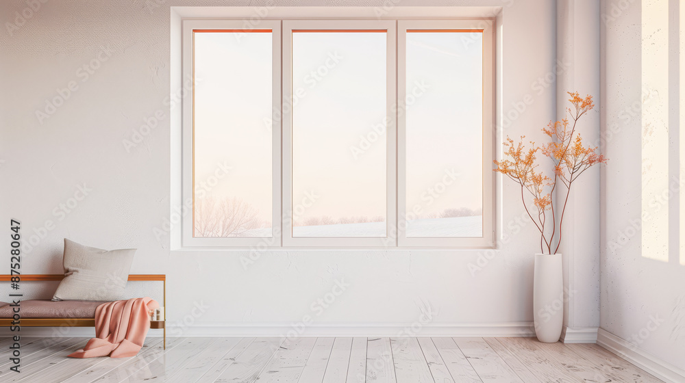 Fototapeta premium Large window in a stylish property room with neutral lighting, minimalist furniture and copy space. Residential Real Estate composition.