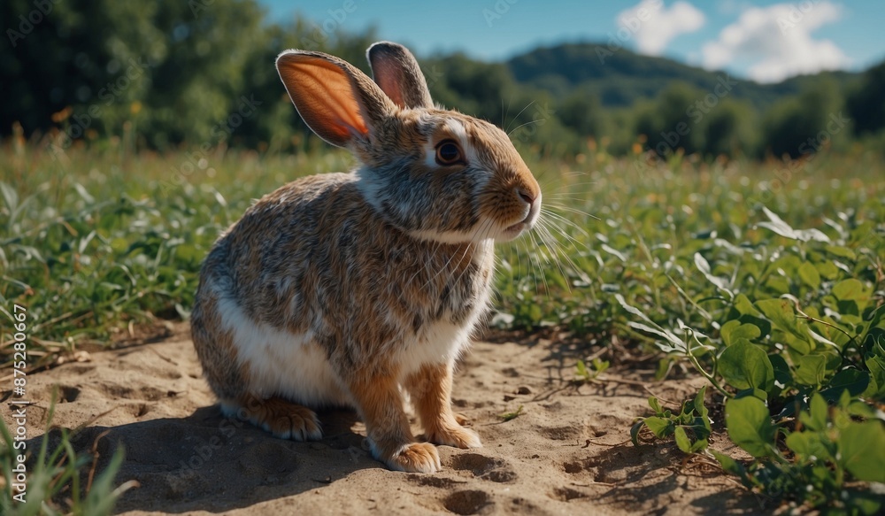 Fototapeta premium Cottontail rabbit sitting on sandy ground in meadow