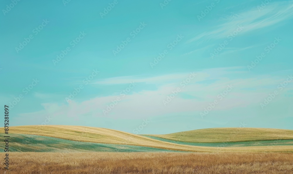 Obraz premium minimalist photograph of rolling hills with the sky painted in soft pastel blue and green hues, creating a serene landscape with gentle terrain and hints of wheat or grass, evoking tranquility