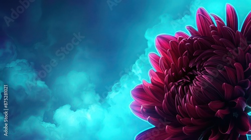 A rich burgundy chrysanthemum in the bottom right corner, against a sky blue neon light background, contrasting the flowera??s deep hues with the lightness of the sky. photo