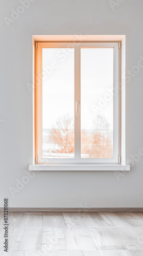 Large window in a stylish property room with neutral lighting, minimalist furniture and copy space. Residential Real Estate composition.