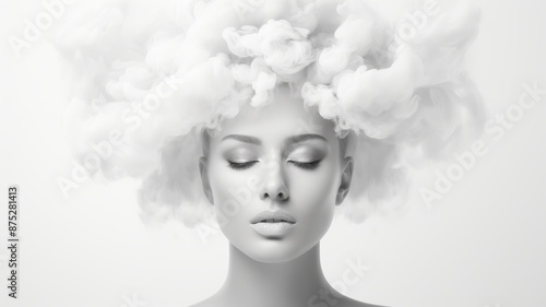 Ethereal woman with closed eyes and a cloud-like hairdo, exuding calm and serenity in a monochrome setting. © Ai-Pixel