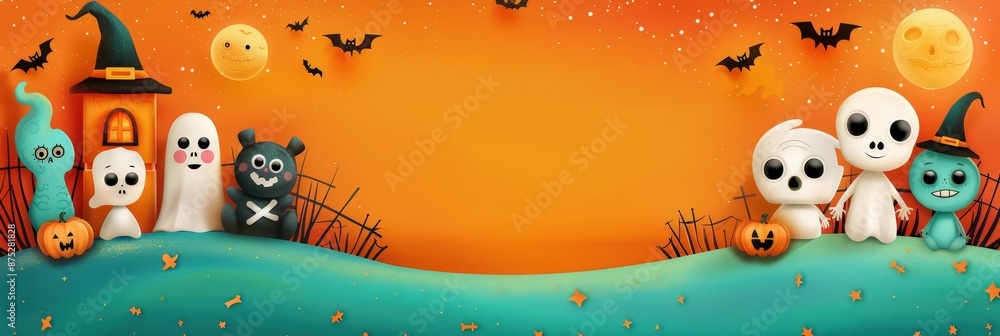 Naklejka premium Cute Halloween Illustration with Ghosts, Bats, and a Haunted House