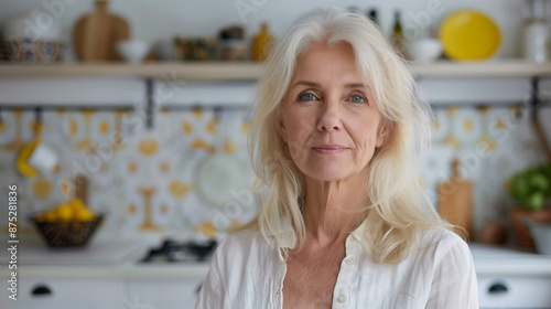 Woman Standing on White Kitchen Interior. Blond Hair, Little Smile (50, 55, 60 years old). Housewife, Mature, Cook, Culinary, Lady, Blond 
