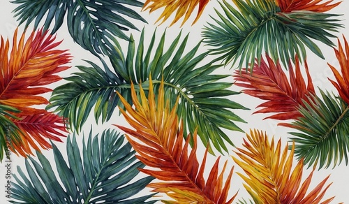 Colorful tropical palm leaves on a bright white background photo