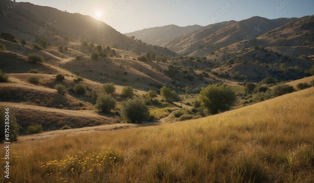 Obraz premium Autumn hills bathed in the warm glow of setting sun.