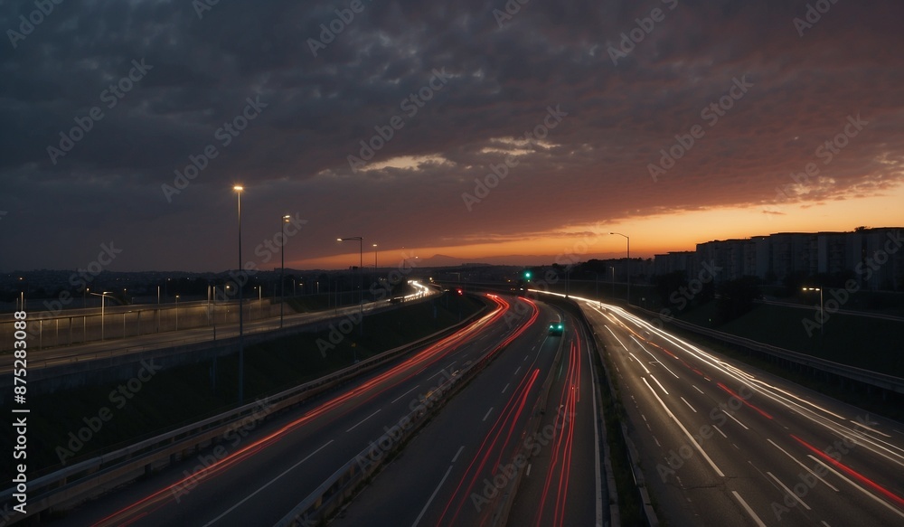Bustling evening highway with lights creating trails. Bustling evening highway with lights creating trails.