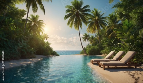 Paradise view of a tropical pool surrounded by palms. © JohnTheArtist