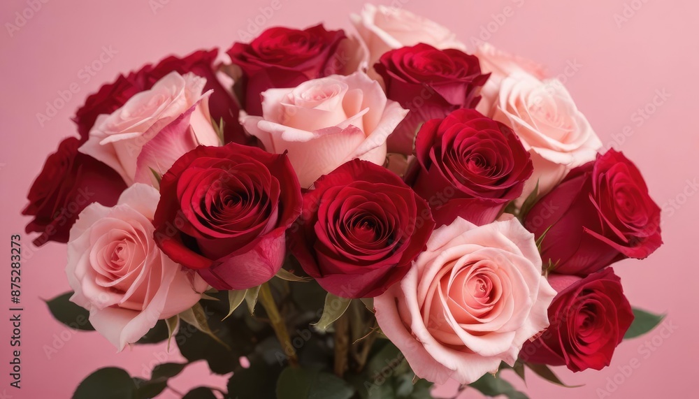 Valentine's Day design concept background with pink and red rose flowers on pink table background, Valentines, Spring or Mother's day, Valentine's Day design concept background with pink and red rose flowers on pink table background, Valentines, Spring or Mother's day,