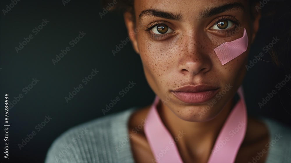 A woman looks directly at the camera wearing a pink ribbon and a pink patch on her face A woman looks directly at the camera wearing a pink ribbon and a pink patch on her face