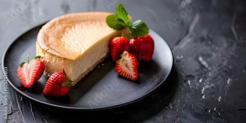 Rich Basque Cheesecake Slice with Fresh Strawberries on a Dark Plate. Concept food photography, dessert, cheesecake, strawberries, dark background photo