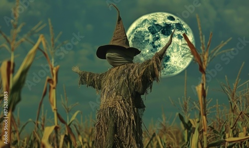 A spooky scarecrow standing in a cornfield under a crescent moon, with open space on the right for a message