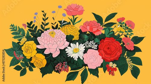 vibrant gouache illustration of a bouquet of flowers, inspired in the style of the whimsical and playful rifle paper co, vintage art