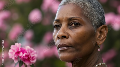 A Black woman with short gray hair poses for a breast cancer awareness photo