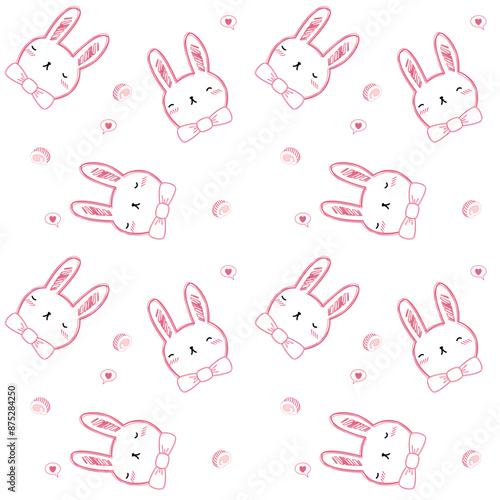 Rabbit face pink so cute.on cake roll and heart polka dot background.pattern vector and illustration.