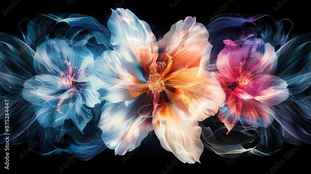 Three vibrant, abstract flowers in blue, orange, and pink with swirling smoke-like effects on a black background. Three vibrant, abstract flowers in blue, orange, and pink with swirling smoke-like effects on a black background.