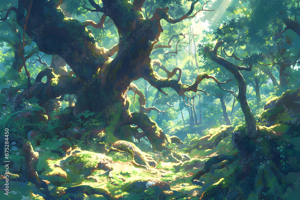 Fototapeta premium Illustration of an Anime Forest, Trees and Plants, Nature, Natural tone, Anime