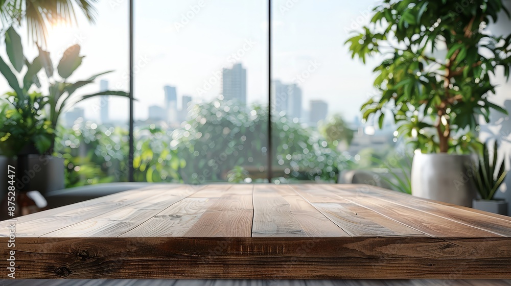 Mockup table and home living room interior with panoramic window blurred Mockup table and home living room interior with panoramic window blurred