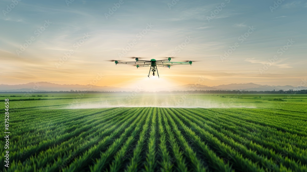 A drone sprays crops in a field at sunset. The drone is flying low over the crops, and the spray is coming out of the bottom of the drone. A drone sprays crops in a field at sunset. The drone is flying low over the crops, and the spray is coming out of the bottom of the drone.