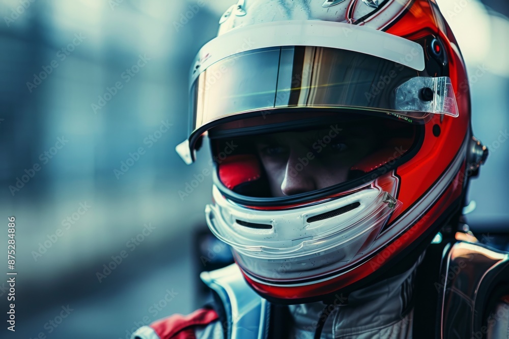 A person dressed in a racing suit and helmet, ready to take on the track. The helmet's visor is up, revealing a determined expression. A person dressed in a racing suit and helmet, ready to take on the track. The helmet's visor is up, revealing a determined expression.