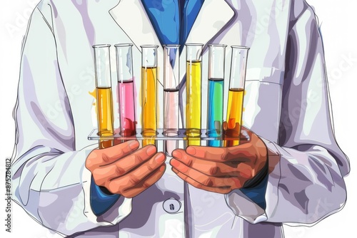 A researcher in a white lab coat holds multiple test tubes, surrounded by a laboratory setting. The scientist's facial expression conveys focus and intensity.