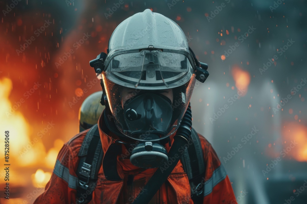 A brave firefighter in full gear, carrying a powerful hose to put out the flames. The helmet and uniform signify courage and professionalism. A brave firefighter in full gear, carrying a powerful hose to put out the flames. The helmet and uniform signify courage and professionalism.